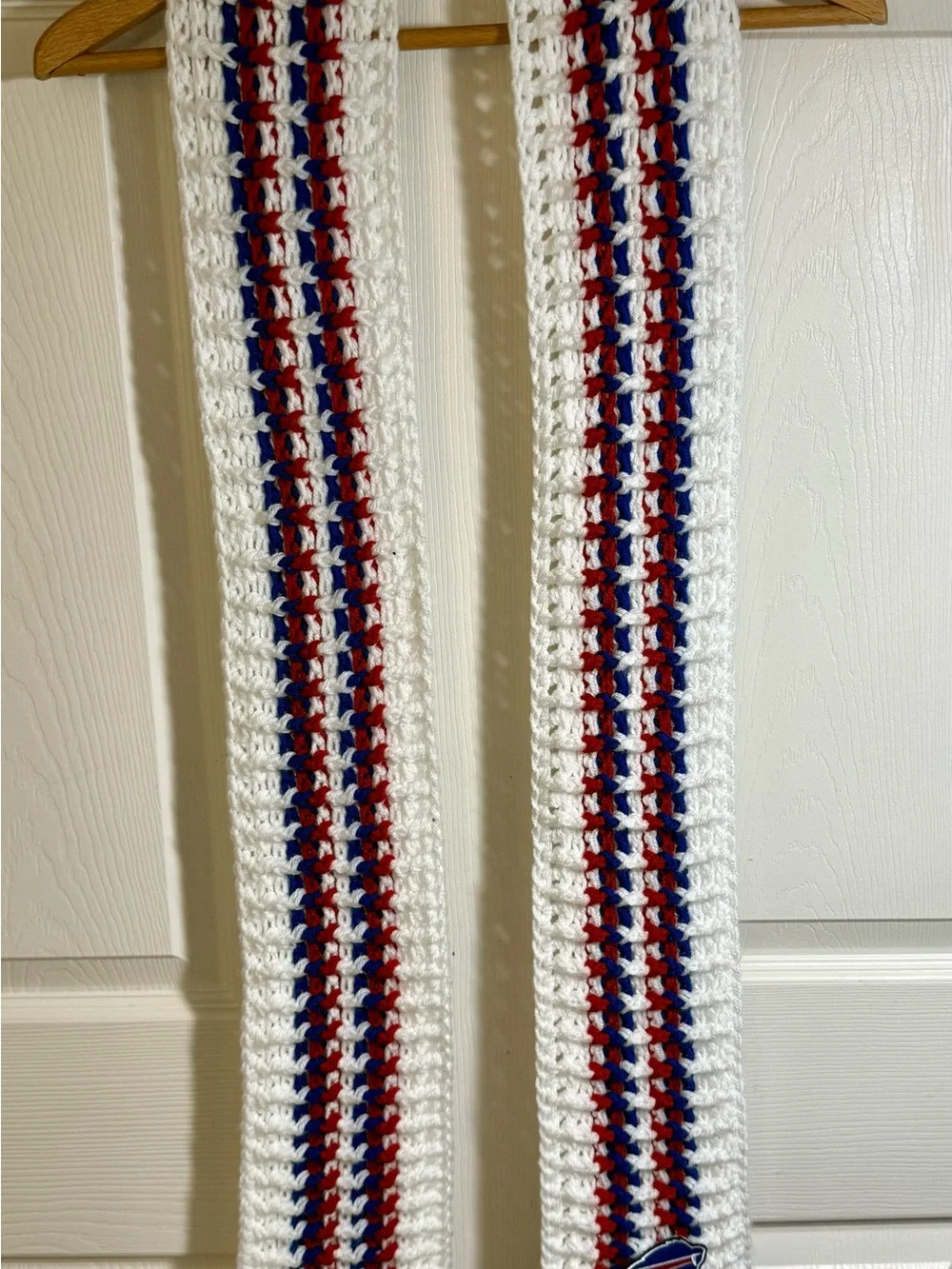 Team inspired Buffalo Bills White Crochet Scarf with Red and Blue Stripes